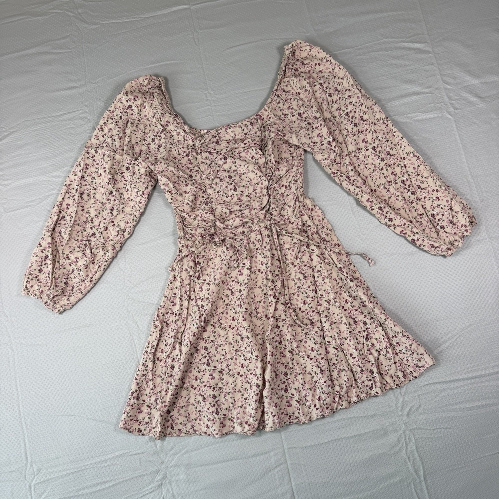 Liberty Love Floral Ruched Mini Dress Womens Large Pink Long Sleeve Y2K